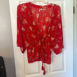 Red floral kimono blouse